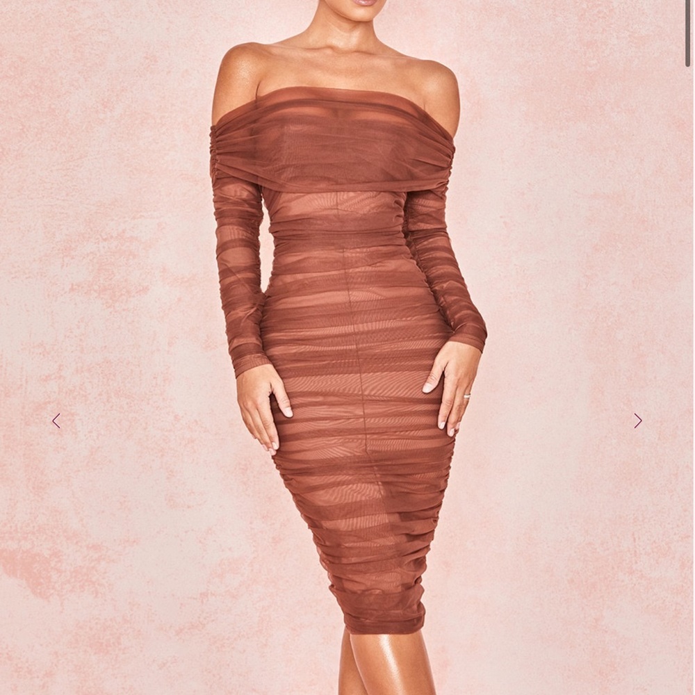 House of CB Off-Shoulder Long Sleeve Dress in Brown